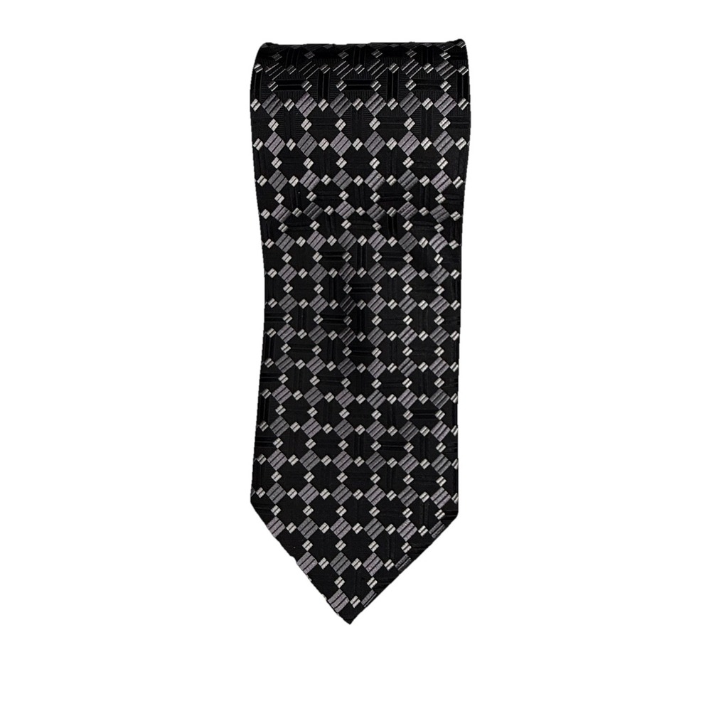 Renzo Mens Geometric Pattern Necktie Black Gray 100% Silk Handmade Checkered Tie